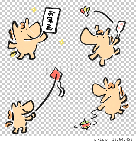 一組可愛的馬兒歡慶新年的場景：水墨畫、放風箏、壓歲錢、羽毛球、陀螺 132642453