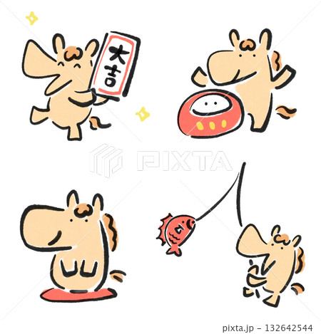 正月の縁起物とかわいい馬のセット 墨絵 おみくじ 達磨 鯛 挨拶 正月の縁起物とかわいい馬のセット 墨絵 おみくじ 達磨 鯛 挨拶 132642544