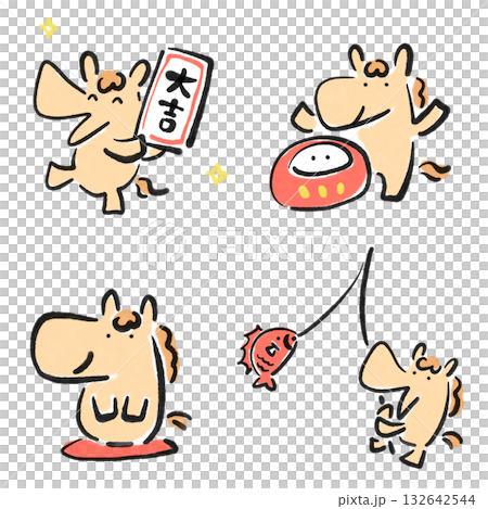 正月の縁起物とかわいい馬のセット 墨絵 おみくじ 達磨 鯛 挨拶 正月の縁起物とかわいい馬のセット 墨絵 おみくじ 達磨 鯛 挨拶 132642544