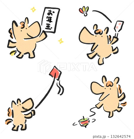 正月を楽しむかわいい馬のセット　墨絵　凧あげ　お年玉　羽根つき　コマ回し 132642574