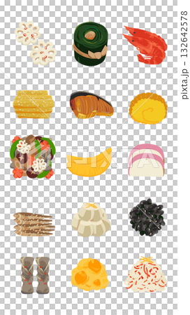 Osechi item icon set watercolor style hand-drawn vector illustration Osechi item icon set watercolor style hand-drawn vector illustration 132642578