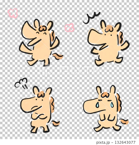 一組表情各異的馬——水墨畫——有的笑，有的生氣，有的驚訝，有的哭泣 132643077