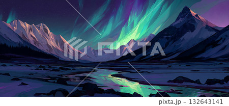 雄大な雪山と天に舞うオーロラの美しいコントラスト 132643141