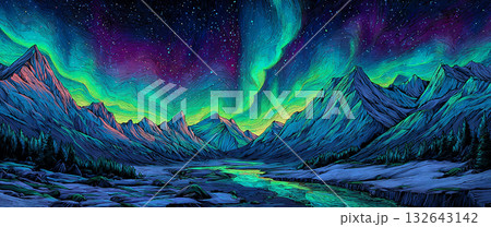 寒冷地の夜を照らすカラフルなオーロラの絶景 寒冷地の夜を照らすカラフルなオーロラの絶景 132643142