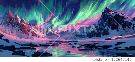 夜空を彩る神秘的な緑のオーロラと雪山の風景 夜空を彩る神秘的な緑のオーロラと雪山の風景 132643143