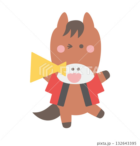メガホンを持って呼び込みをする法被姿のかわいい馬のキャラクターイラスト素材 132643395
