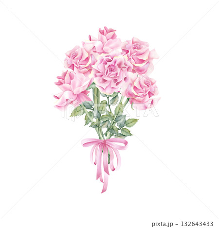 Watercolor French rose bouquet tied with pink ribbon. Spring flower with stem and leaves. Delicate floral illustration isolated from background. For wedding invitation, greeting card for women Watercolor French rose bouquet tied with pink ribbon. Spring flower with stem and leaves. Delicate floral illustration isolated from background. For wedding invitation, greeting card for women 132643433