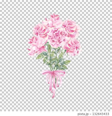 Watercolor French rose bouquet tied with pink ribbon. Spring flower with stem and leaves. Delicate floral illustration isolated from background. For wedding invitation, greeting card for women Watercolor French rose bouquet tied with pink ribbon. Spring flower with stem and leaves. Delicate floral illustration isolated from background. For wedding invitation, greeting card for women 132643433