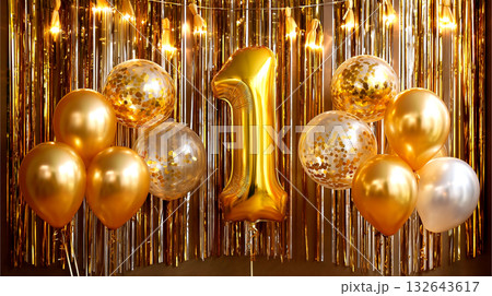 Celebrate a first birthday with these vibrant golden party balloons and shimmering confetti backdrop, perfect for invitations, decorations, and joyful memories 132643617