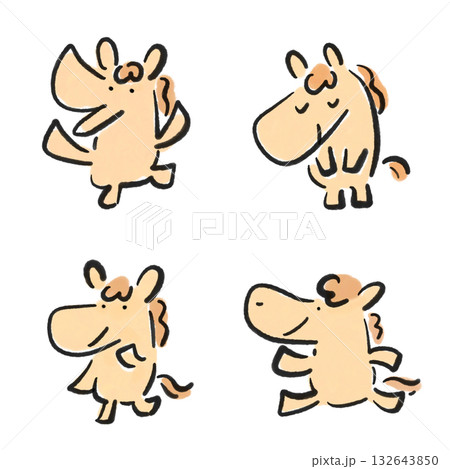 色々な表情とポーズの馬のセット　墨絵　万歳　お辞儀　考える　走る 132643850