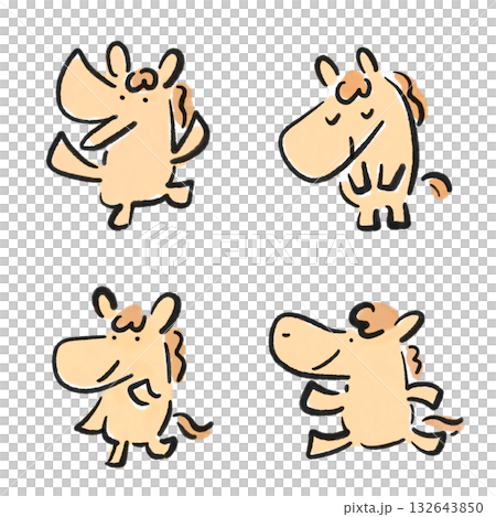 一組表情和姿態各異的馬匹:水墨畫、萬歲、鞠躬、沉思、奔跑。 一組表情和姿態各異的馬匹:水墨畫、萬歲、鞠躬、沉思、奔跑。 132643850