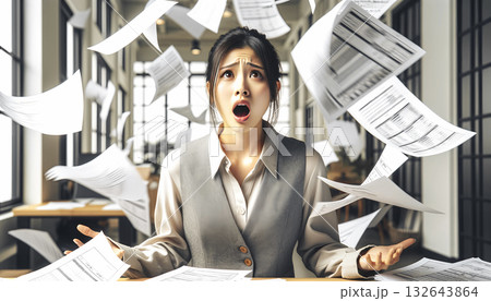 書類に囲まれて混乱するビジネスウーマン 132643864
