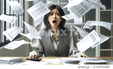 オフィスで書類が舞う中、困惑する若い女性社員。トラブル発生時のオフィスでの混乱を表現したビジネスシー 132643865