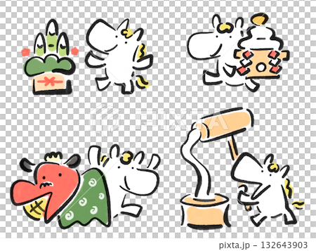 A set of New Year's lucky charms and a cute white horse: ink painting, Kadomatsu, lion dance, Kagami mochi, and mochi pounding 132643903