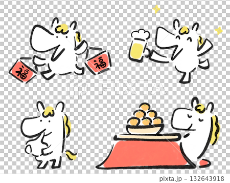 A cute white horse set for enjoying the New Year: ink painting, lucky bag, kotatsu, mochi, and beer A cute white horse set for enjoying the New Year: ink painting, lucky bag, kotatsu, mochi, and beer 132643918