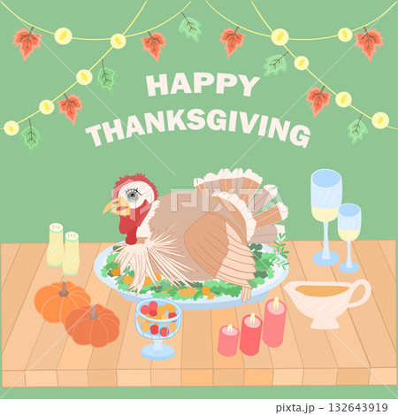 thanksgiving turkey autumn feast vector illustration with pumpkin gravy and fall leaves in flat design style thanksgiving turkey autumn feast vector illustration with pumpkin gravy and fall leaves in flat design style 132643919