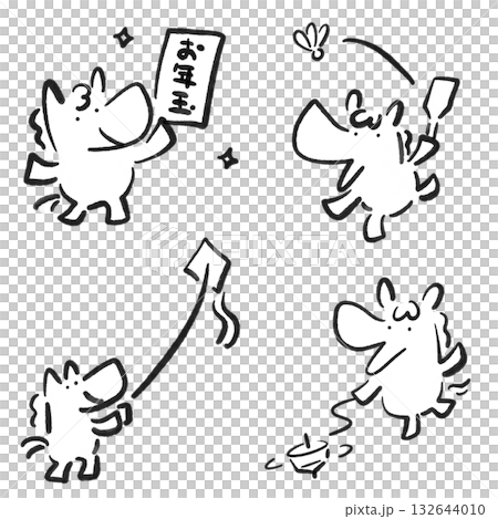 一組可愛的馬兒歡慶新年的場景：水墨畫、放風箏、壓歲錢、羽毛球、陀螺 132644010