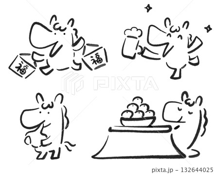 正月を楽しむかわいい馬のセット　墨絵　福袋　こたつ　餅　ビール 132644025