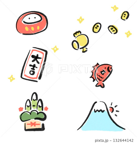 墨絵のかわいい正月の縁起物セット　門松　富士山　初日の出　鯛　達磨 132644142