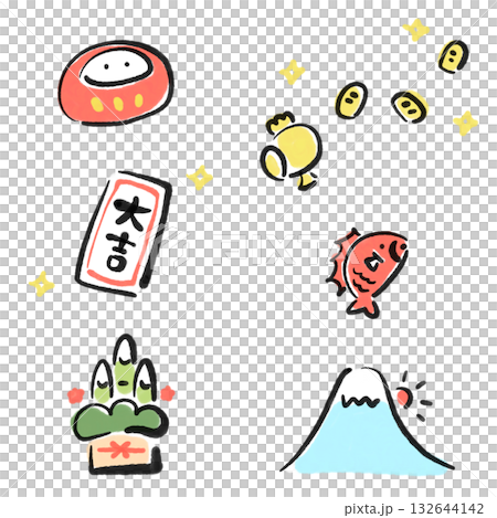 墨絵のかわいい正月の縁起物セット　門松　富士山　初日の出　鯛　達磨 132644142