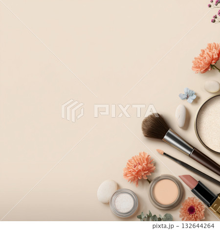 Elegant Makeup and Skincare Accessories on Soft Background with Flowers 132644264