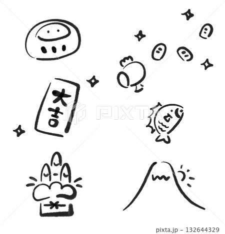 墨絵のかわいい正月の縁起物セット　門松　富士山　初日の出　鯛　達磨 132644329