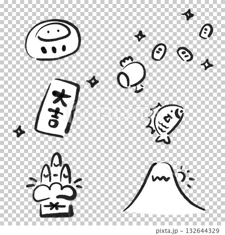 墨絵のかわいい正月の縁起物セット　門松　富士山　初日の出　鯛　達磨 132644329