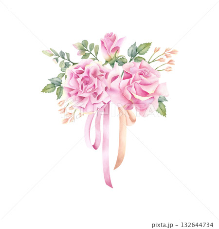 Spring floral composition with ribbon. Delicate pink rose, freesia flower with leaves of pistachio. Botanical illustration isolated from background for wedding invitation, glans, birthday card 132644734
