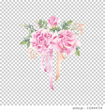 Spring floral composition with ribbon. Delicate pink rose, freesia flower with leaves of pistachio. Botanical illustration isolated from background for wedding invitation, glans, birthday card 132644734