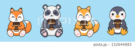 Cute cartoon animals drinking coffee. Isolated background. Vector illustration 132644983