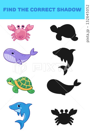 Find the right shadow. Cute sea animals. Educational games for children. Vector illustration Find the right shadow. Cute sea animals. Educational games for children. Vector illustration 132645052