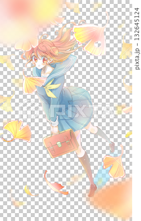 Female student walking and looking up, sailor uniform, ginkgo 132645124