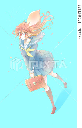 歩いて見上げる女子学生　セーラー服　桜吹雪 132645128