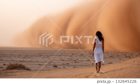 Sandstorm and a woman in the desert. Climate change in Africa is causing a terrible sandstorm, carrying mud and sand across the savannah, disrupting normal life. 132645226