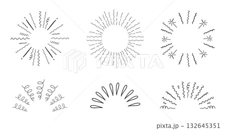 Radial firework burst line set confetti and lines hand drawn doodle. Sunbeam, party decoration, comic minimal spark. Explosion with Radial stripes 132645351