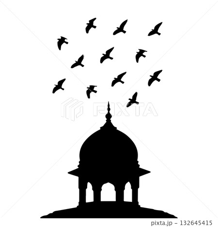 Birds flying over dome silhouette mosque architecture isolated on white background 132645415