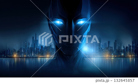 Futuristic AI robot with glowing blue eyes in a cyberpunk city at night. Automation of generation and training of artificial intelligence technology machines, AI. 132645857