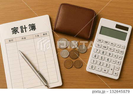 財布と家計簿と電卓 財布と家計簿と電卓 132645879
