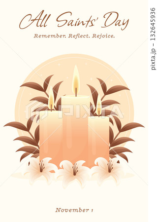 All Saints Day Minimalist Poster with Candles and Flowers. All Saints Day Minimalist Poster with Candles and Flowers. 132645936