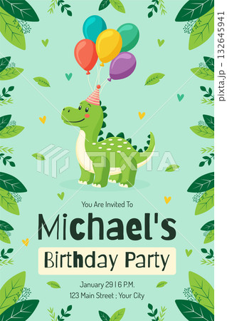 Cute Dinosaur Birthday Invitation Card Template Vector Jungle Theme. 132645941