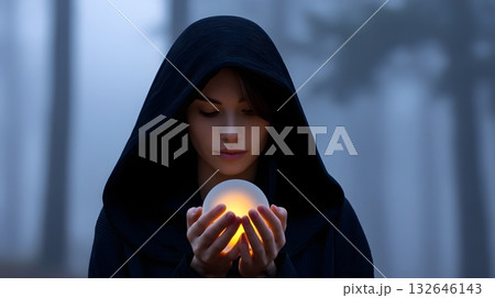 Enigmatic figure holding a glowing orb in a misty forest 132646143