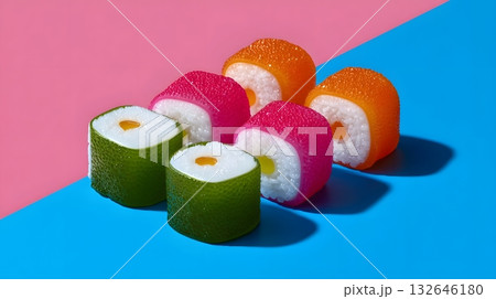 Colorful candy-textured sushi rolls on a vibrant background Colorful candy-textured sushi rolls on a vibrant background 132646180