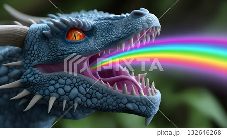 Fearsome dragon exhaling a vibrant rainbow flame 132646268