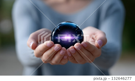 Woman holding a glowing sphere representing the universe. 132646277