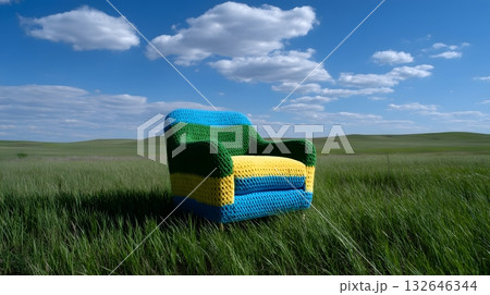 Colorful crochet chair in a serene meadow landscape 132646344