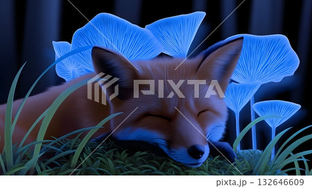 Sleeping fox surrounded by glowing blue mushrooms in a bioluminescent forest 132646609