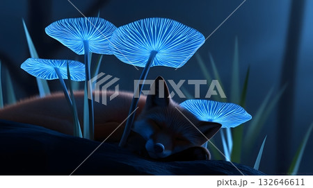 Glowing mushrooms surround a sleeping fox in a bioluminescent forest dream. 132646611