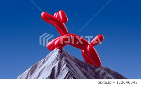 Balloon dog sculpture lifting a mountain peak against a blue sky 132646645