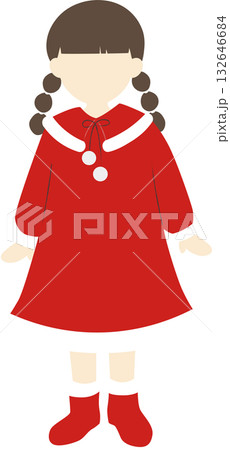 サンタ風の赤いワンピースを着たおさげ髪の女の子のイラスト素材(顔なしver.) 132646684