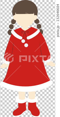 サンタ風の赤いワンピースを着たおさげ髪の女の子のイラスト素材(顔なしver.) 132646684